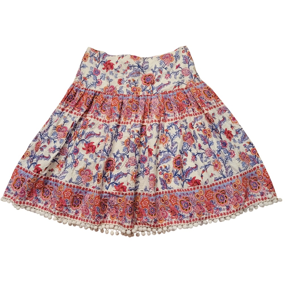 Boston Proper 12 Floral Tiered Pom Pom Trim Skirt Cream Pink Blue Boho Prairie